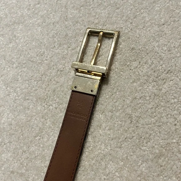 Burberry Beige Check & Brown Leather Men's Belt with Gold Buckle - Picture 4 of 6